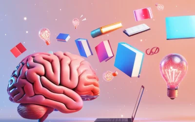 3d ai brain, laptop, lamp, books, flying 1920x1200